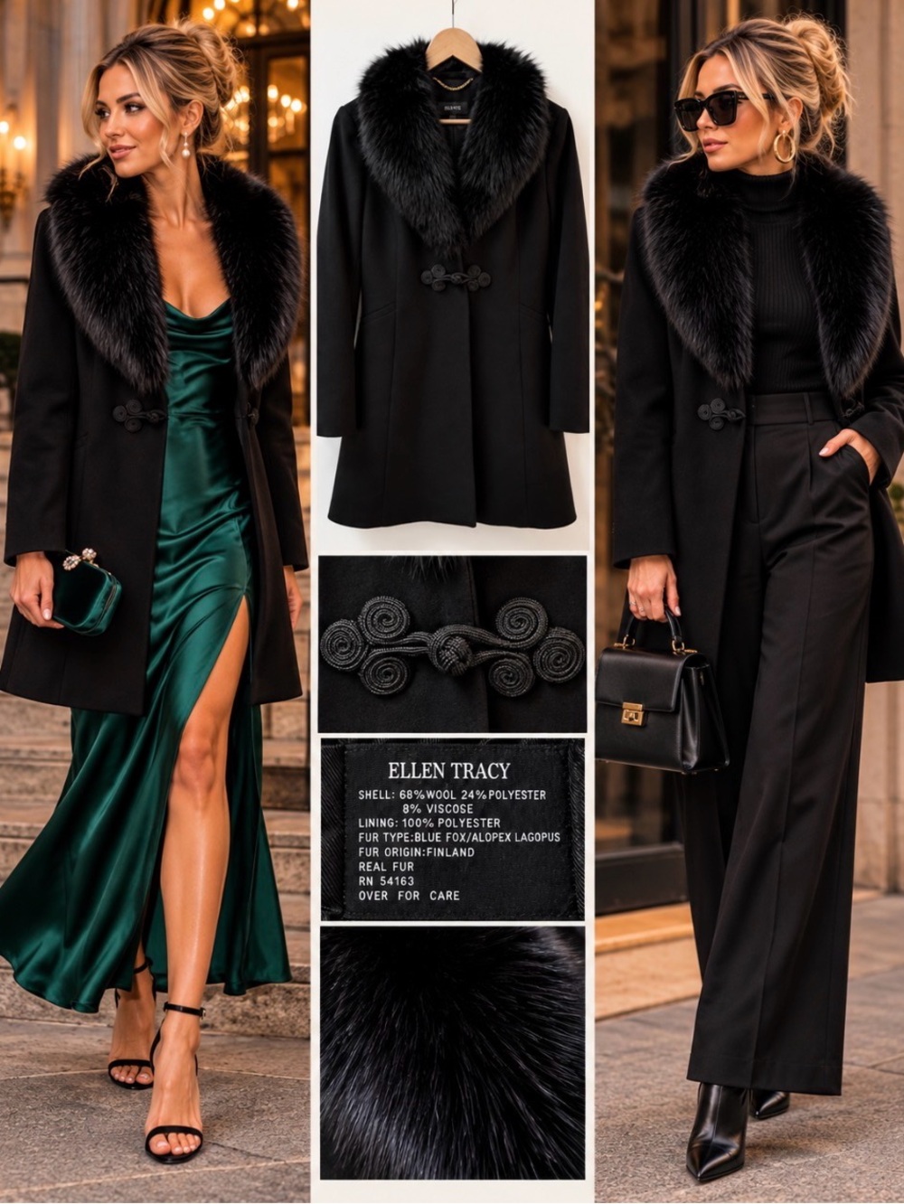 Ellen Tracy Black Wool Blend Coat w/ Removable Real Blue Fox Fur Collar - Size 8